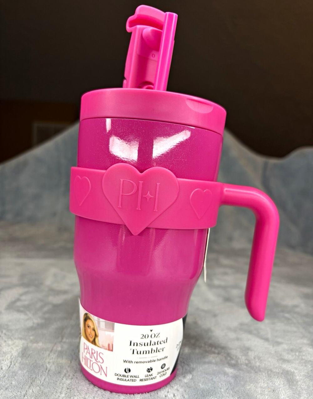 Paris Hilton 20 oz Pink Double Wall Insulated Tumbler w/ Flip Top Lid & Handle